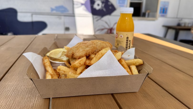 Spanish makerel and chips from Sealanes Cafe.