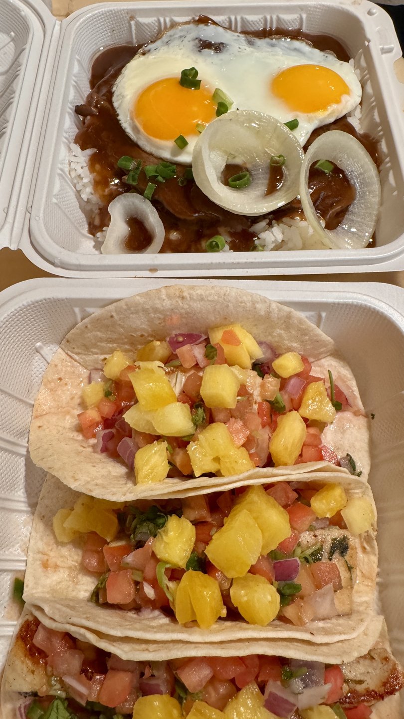 Fish tacos and prime rib loco moco at Island Country Market.