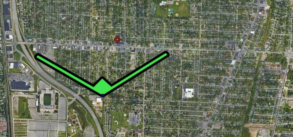 Map with a red square on a map indicating a crime scene location.  A green wedge is pointing toward it indicating the cell tower coverage area which covers the crime scene. 