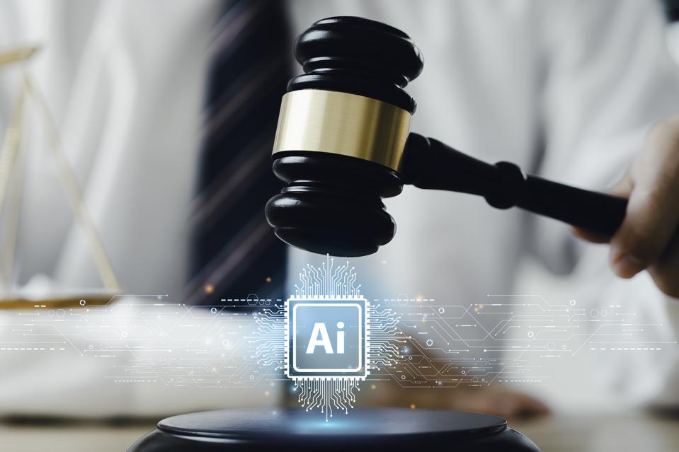 AI law and ethics and legal concepts artificial intelligence law and online technology of legal regulations Controlling artificial intelligence technology is a risk. Judicial gavel and law icon