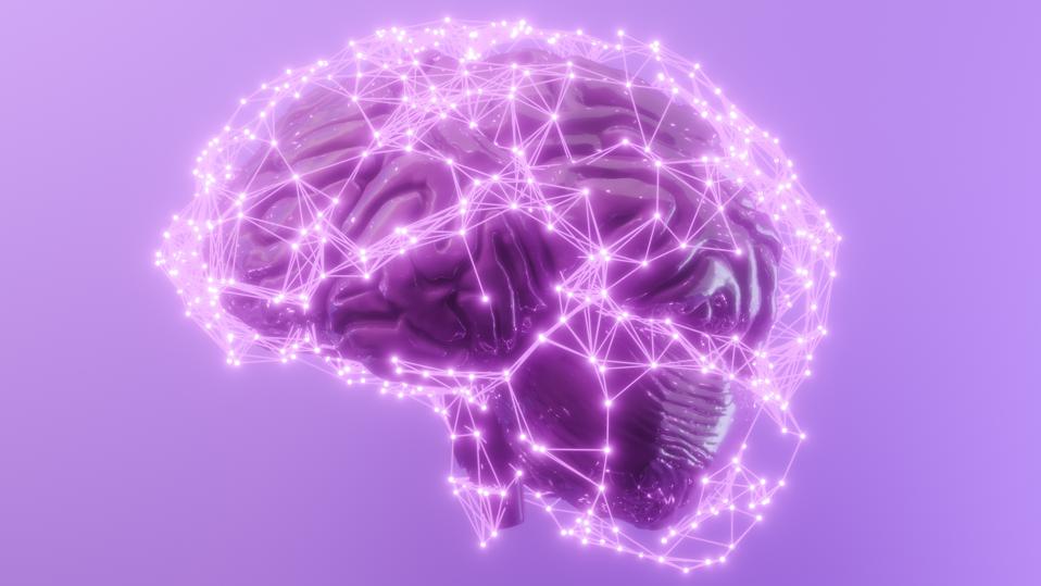 3D Human Brain With Connection Dots And Plexus Lines. Artificial Intelligence And Deep Learning Concept. 3D Rendering