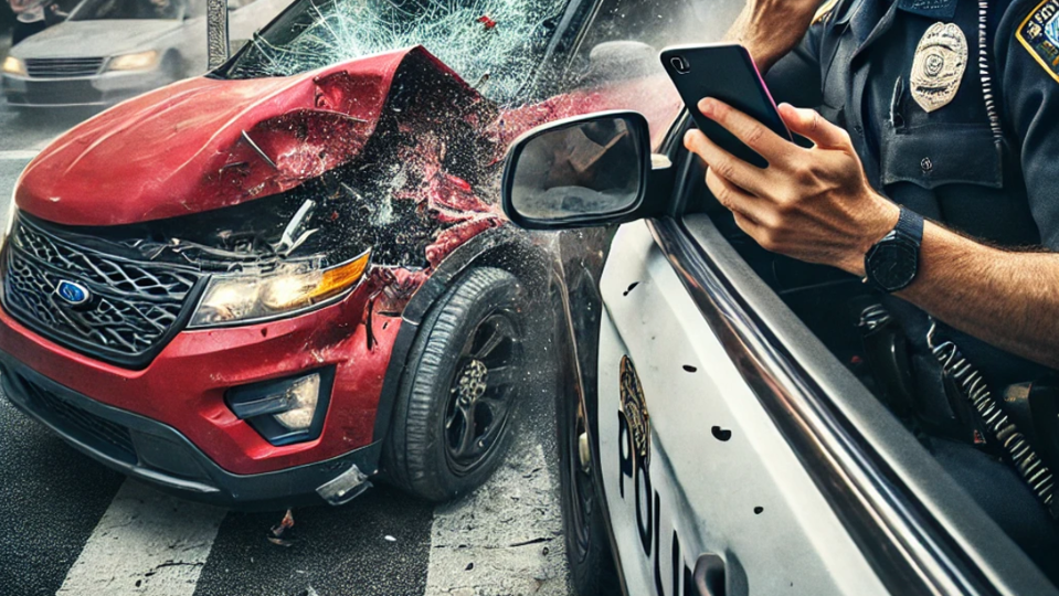 Smartphone distracted cop crashes into car while watching porn.