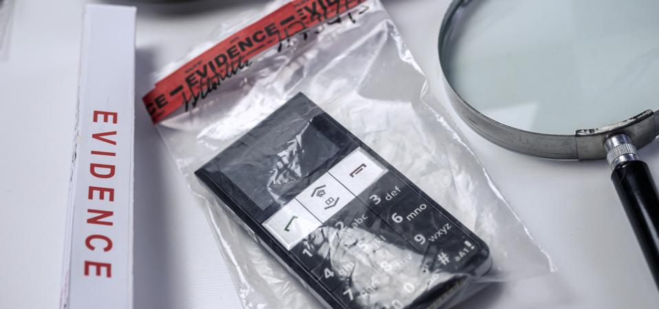 Smartphone in an evidence bag awaiting digital forensic examination.