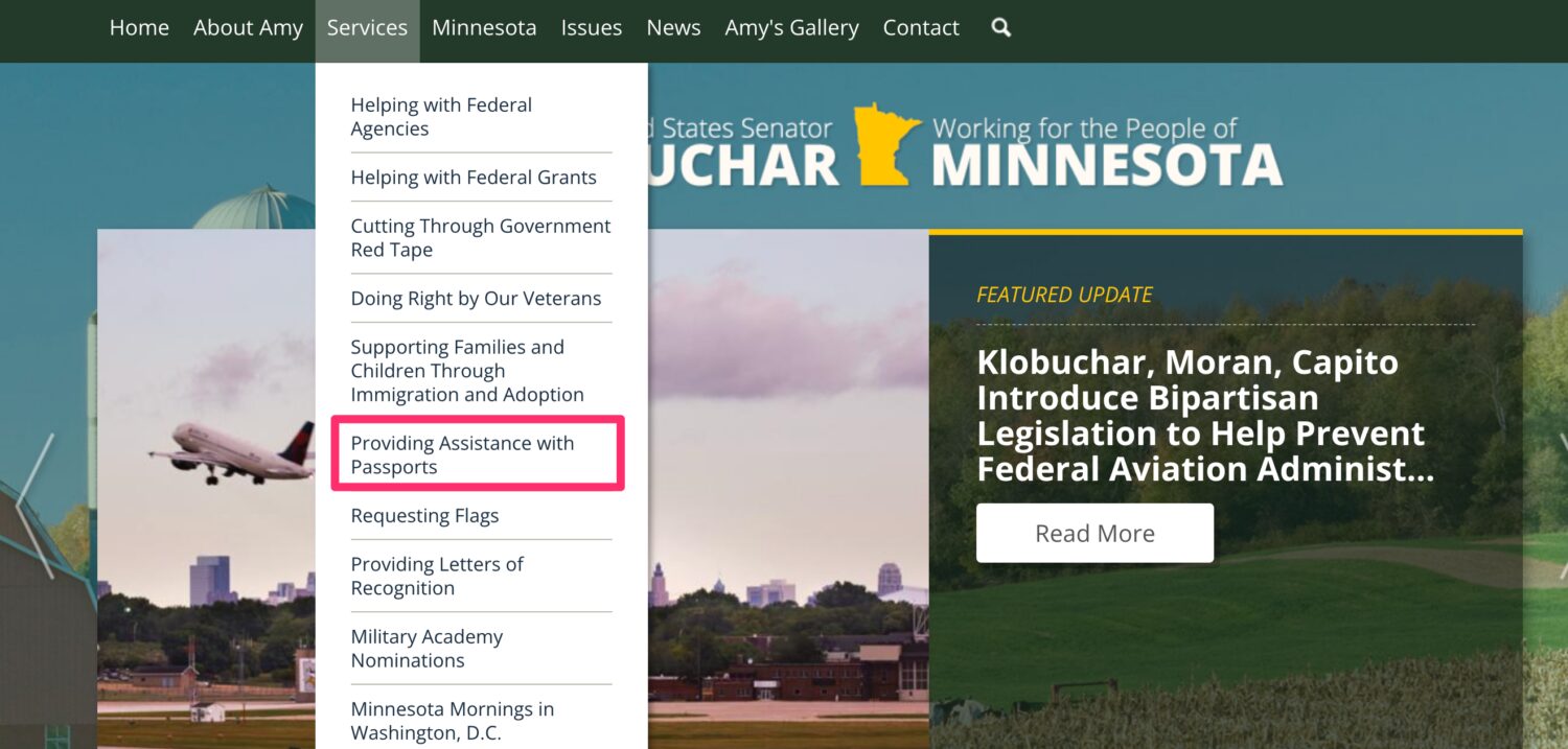 Passport services on Sen. Amy Klobuchar's website