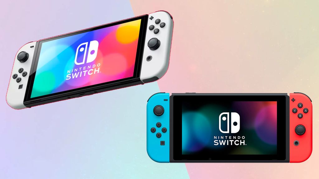 The Nintendo Switch OLED and original Nintendo Switch on a colored background