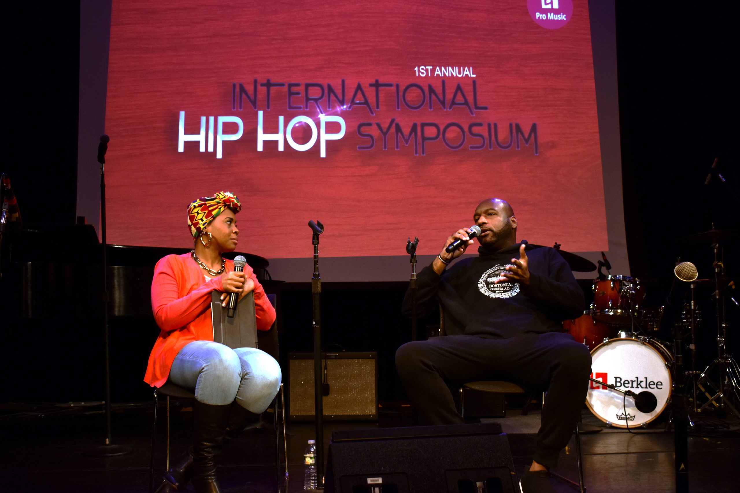 Dart Adams (right) is interviewed by Queen D Scott (left) on a panel about Boston’s hip-hop history at the Berklee Professional Music Department’s International Hip Hop Symposium, April 12, 2022 (photo credit: Brandon Hill).