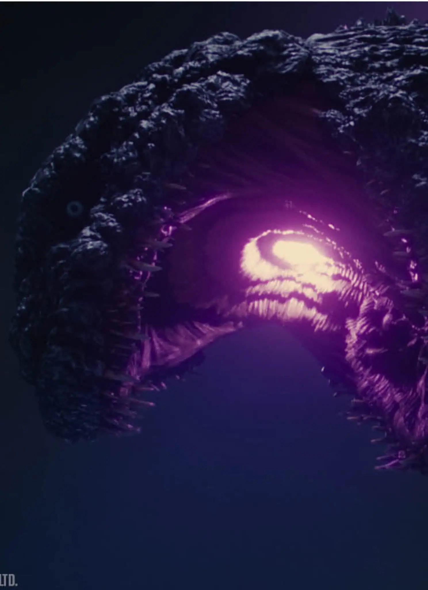 A massive, dark, reptilian creature with glowing purple energy emanating from its mouth and neck snarls menacingly in the shadows. Its scaly skin and jagged spikes are partially illuminated by the purple light.
