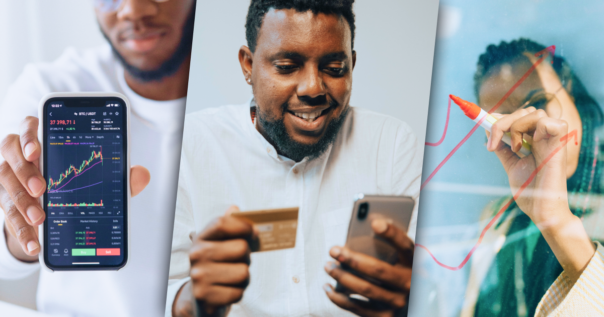 Three side by side images: a person holding a phone up showing a graph, a person using their phone to purchase, and a person writing on a clear board with a dry erase marker.