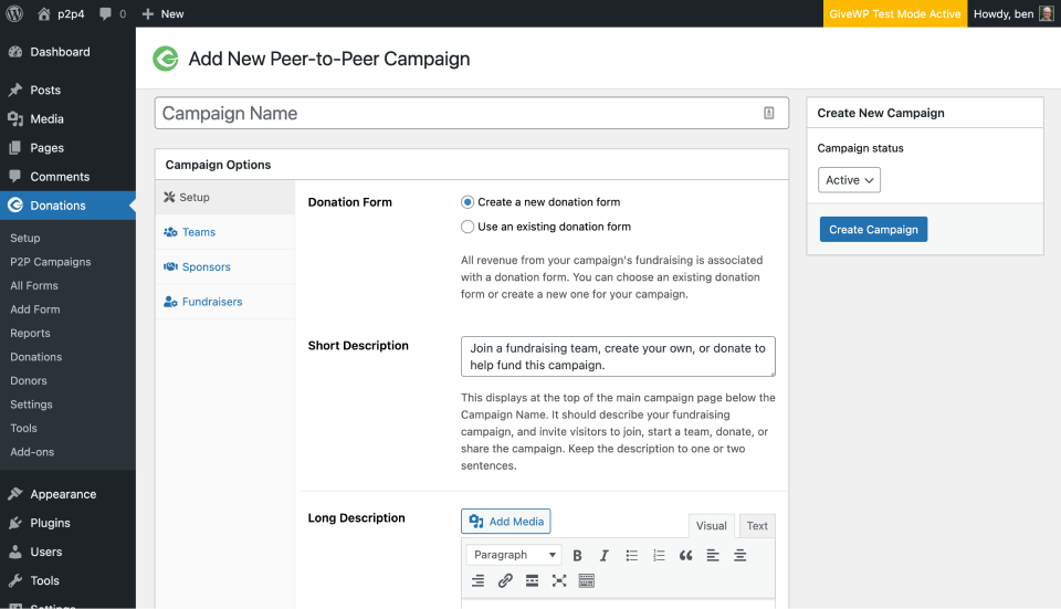 Screenshot of the "add new campaign" screen in the peer-to-peer interface.