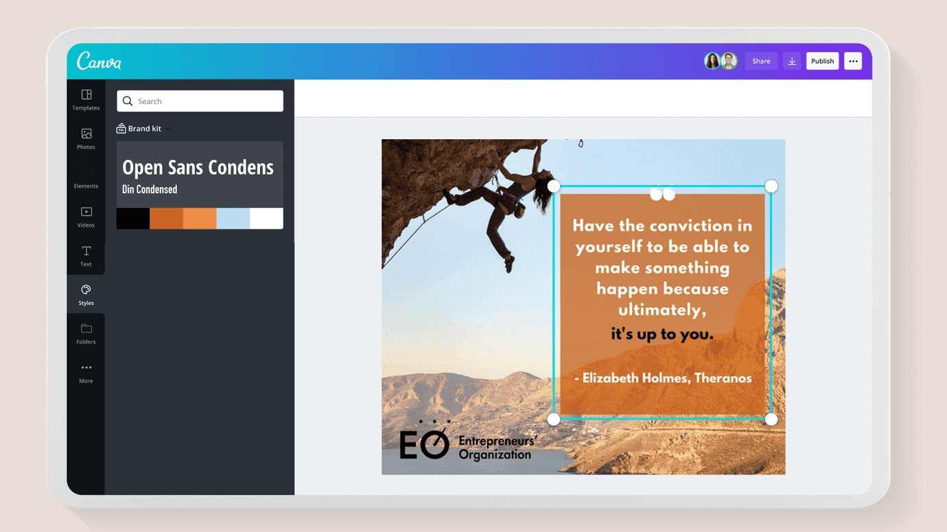 A laptop open to Canva, displaying the Brand Kit for EO.