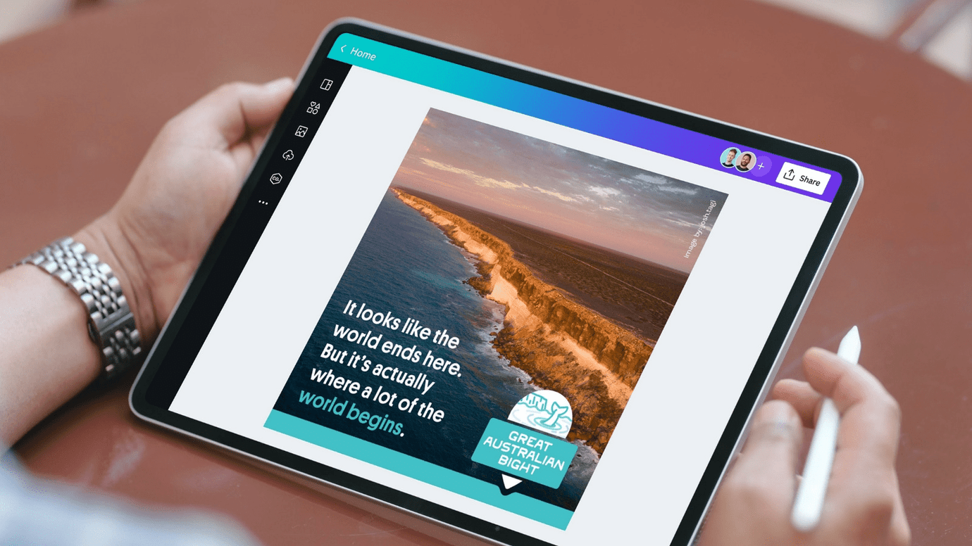 An iPad is held between two hands, one hand is also holding an apple pencil. The screen displays a Canva design by The Wilderness Society.