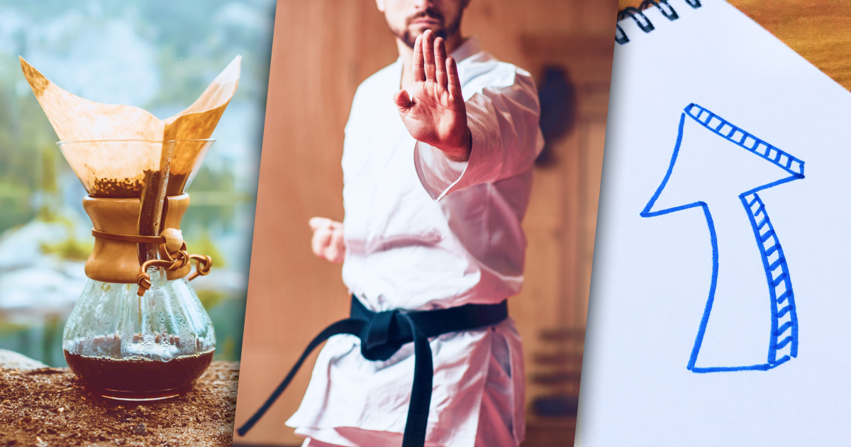 Left: a coffee filter. Center: a person in a karate uniform with their hand up in a "stop" formation. Right: a hand-drawn arrow pointing up.