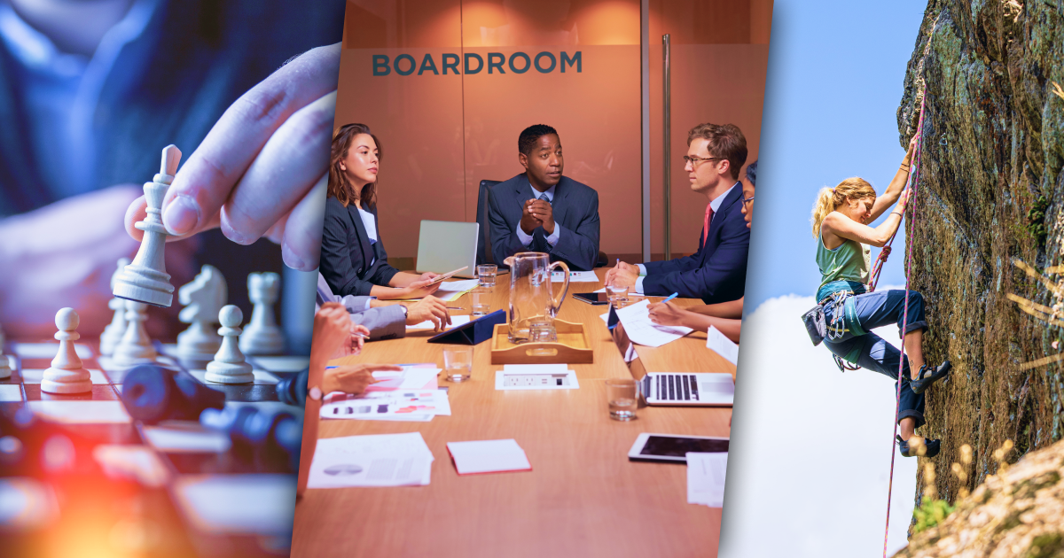Left: A close up of a hand playing chess. Center: a group of board members in a board room. Right: A person rock climbing