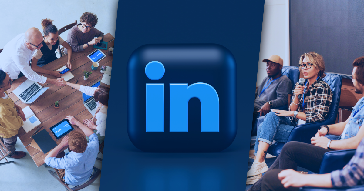 Left: an overhead shot of a group of folks at a table looking at iPads and laptops. Center: LinkedIn logo. Right: folks sitting in chairs on stage.