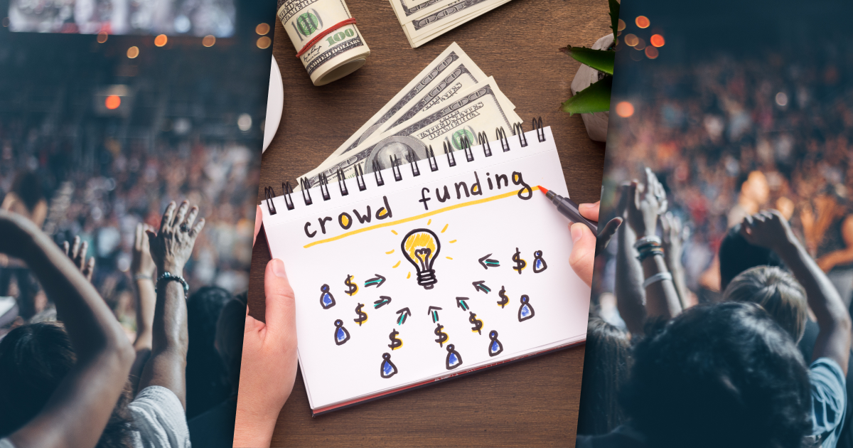 An image of a crowd with their hands up in the background. In the center, foreground: a notebook with crowdfunding ideas drawn on a page.