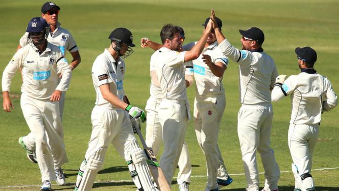 Dan Christian of Victoria celebrates the wicket of Jason Behrendorff of Western Australia.