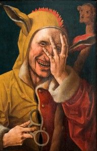 A Laughing Fool. Netherlandish oil painting (possibly Jacob Cornelisz. van Oostsanen) ca. 1500. [Public Domain Image.]