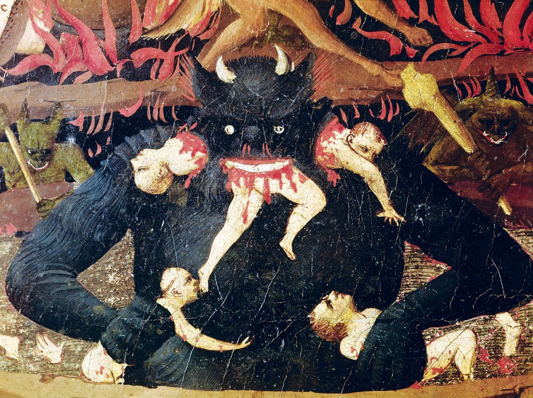 Satan devouring the damned, from Last Judgment (detail), by Fra Angelico, c. 1432–35. Museo di San Marco, Florence, Italy.