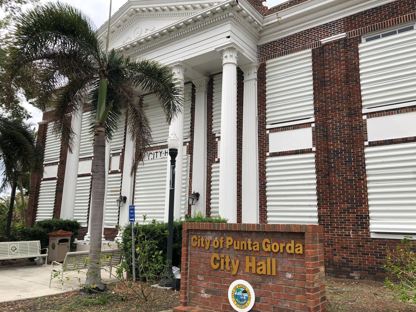 Punta Gorda City Hall with its hurricane shutters still fastened in the aftermath of Hurricane Ian in Punta Gorda, Florida, on Oct. 20.