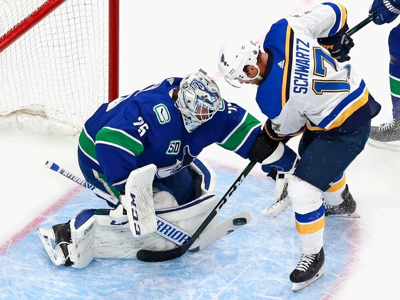 Canucks goalie Jacob Markstrom makes the first period save on Jaden Schwartz of the St. Louis Blues in Game Six of the Western Conference First Round during the 2020 NHL Stanley Cup Playoffs at Rogers Place in Edmonton.
