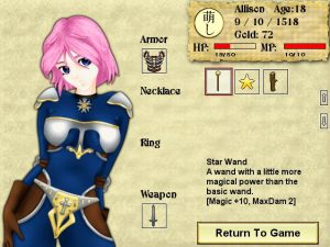 A young woman with short, pink hair poses against a solid, paper textured background. She is wearing the preliminary stages of what goes under a set of armor, looking towards the viewer. Various UI elements such as a health bar and inventory slots are positioned next to her. A button to "Return to Game" sits at the bottom of the screen.