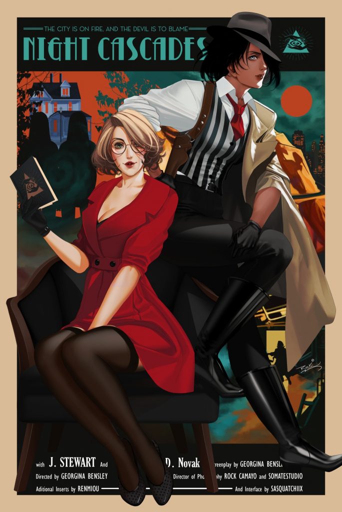 A pair of two women wearing 1930s-stylized period clothing pose against a chair. The composition is framed like a movie poster, and the title "Night Cascades" sits at the top of the frame.