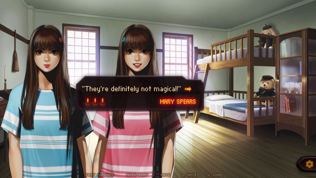 A pair of twins with long, brunette hair and bangs look towards the viewer with a vacant stare. They are both wearing a striped shirt. The twin wearing a red shirt wields an open smile. A dialogue box appears above her, with the name "MARY SPEARS", saying "They're definitely not magical!" Bright light is beaming through tall windows towards the background. A pair of bunk beds, each bed with a stuffed plush toy, are propped next to a glass display case in a corner of the room.