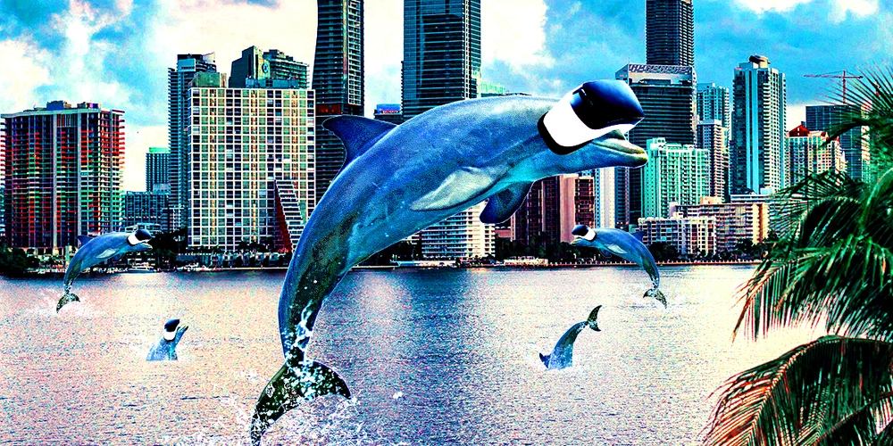 Dolphins in VR headset jumping in front of the Miami skyline