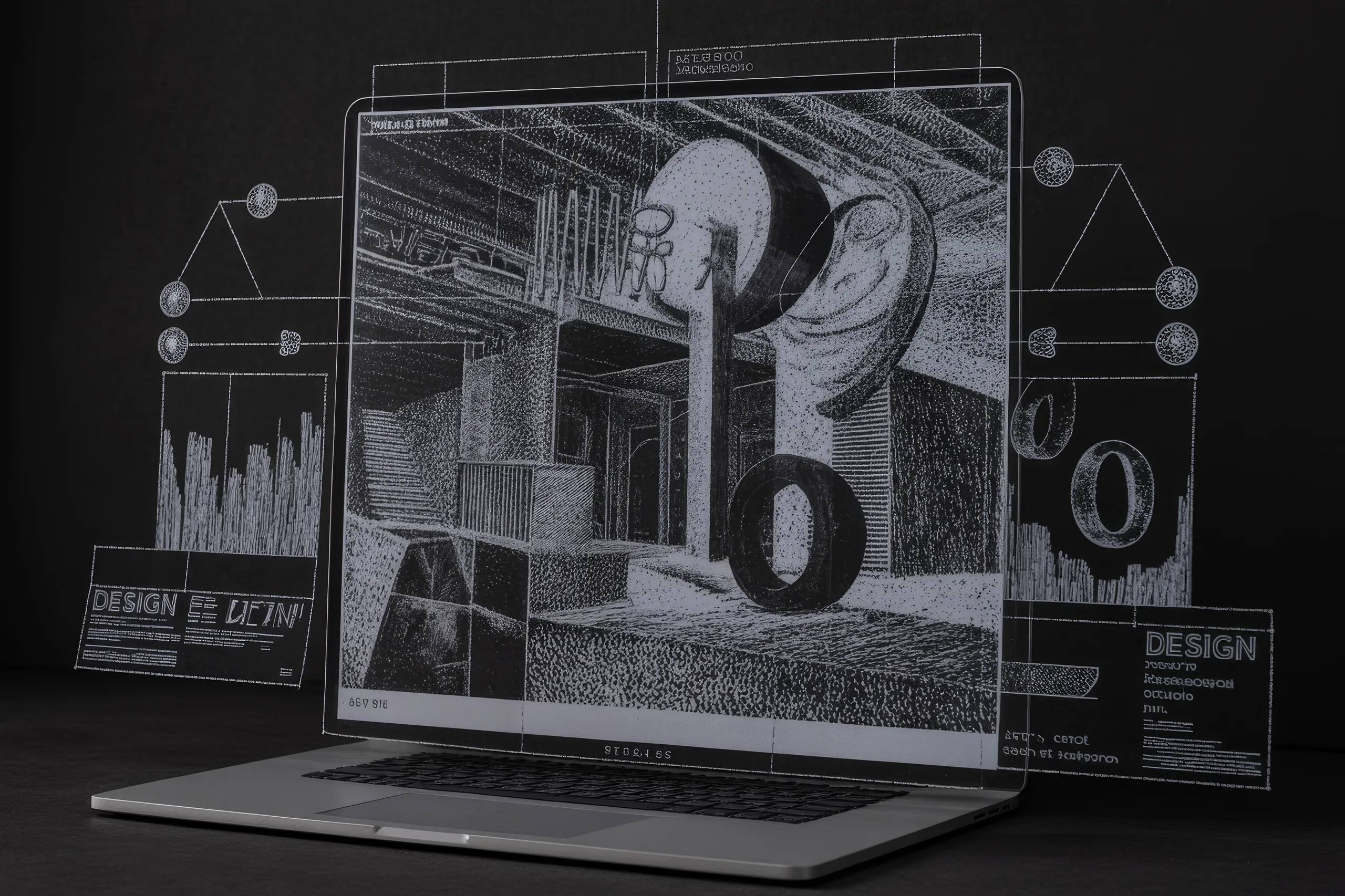 Laptop displaying a black and white technical design, surrounded by holographic data projections.