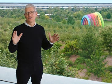 Caption: Apple Inc. CEO, Tim Cook, speaks at an online-only media event from Apple Park in Cupertino, Calif., on Sept. 15, 2020.