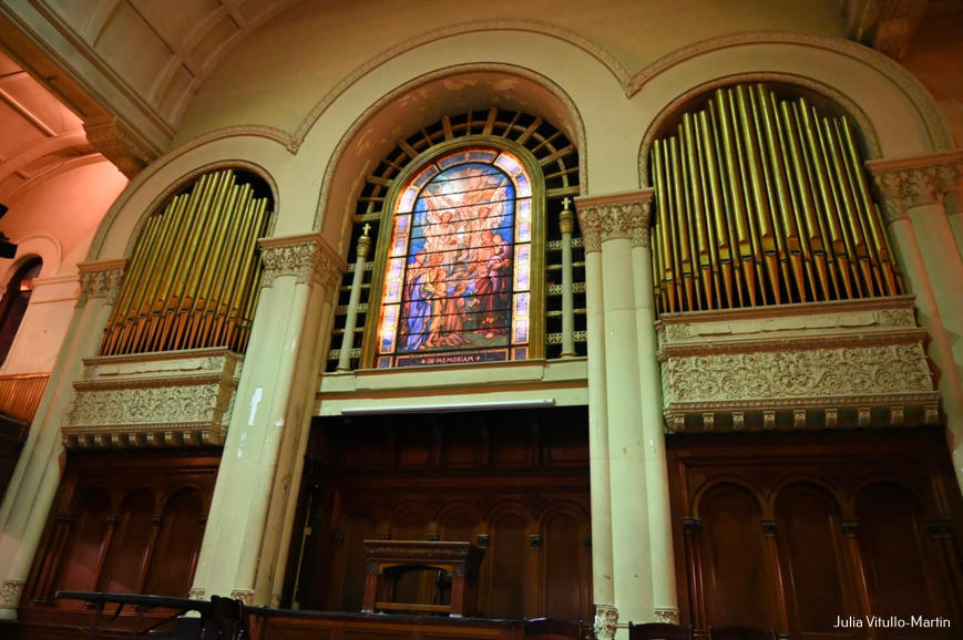 West Park Presbyterian Church's organ and wooden interior.