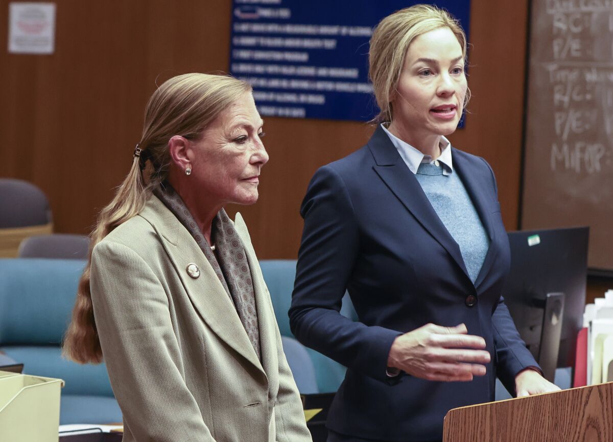 Dr. Fredericke Von Lintig (left) and her attorney Dana Grimes appear in court at the El Cajon courthouse.