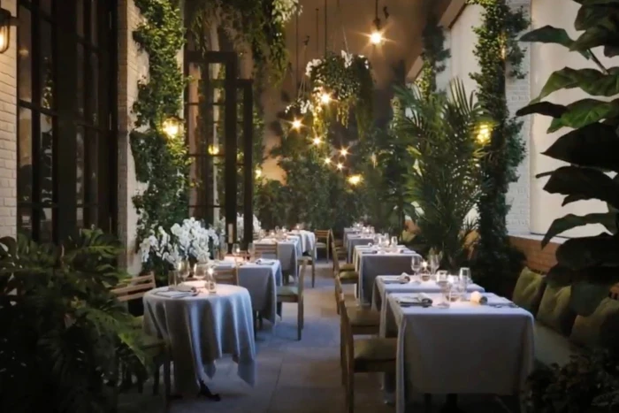 Elegant restaurant dining area with tables set for service, surrounded by lush greenery and warm lighting
