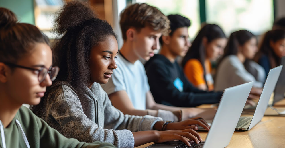 students working on computers in a school classroom