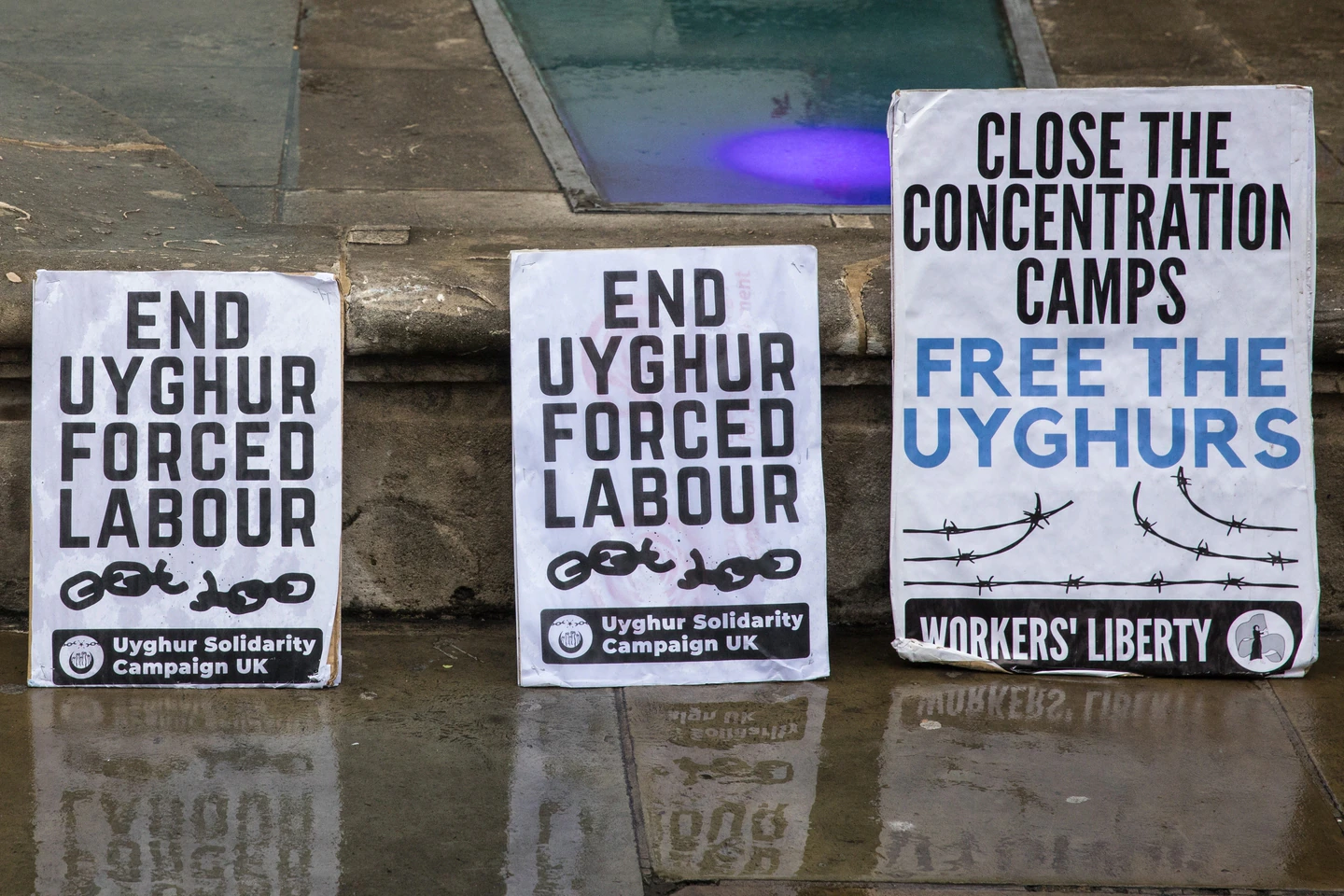 Uyghur Solidarity Campaign UK placards are pictured at a protest opposite the Chinese embassy in London on Aug. 5, 2021. (Mark Kerrison/In Pictures via Getty Images)