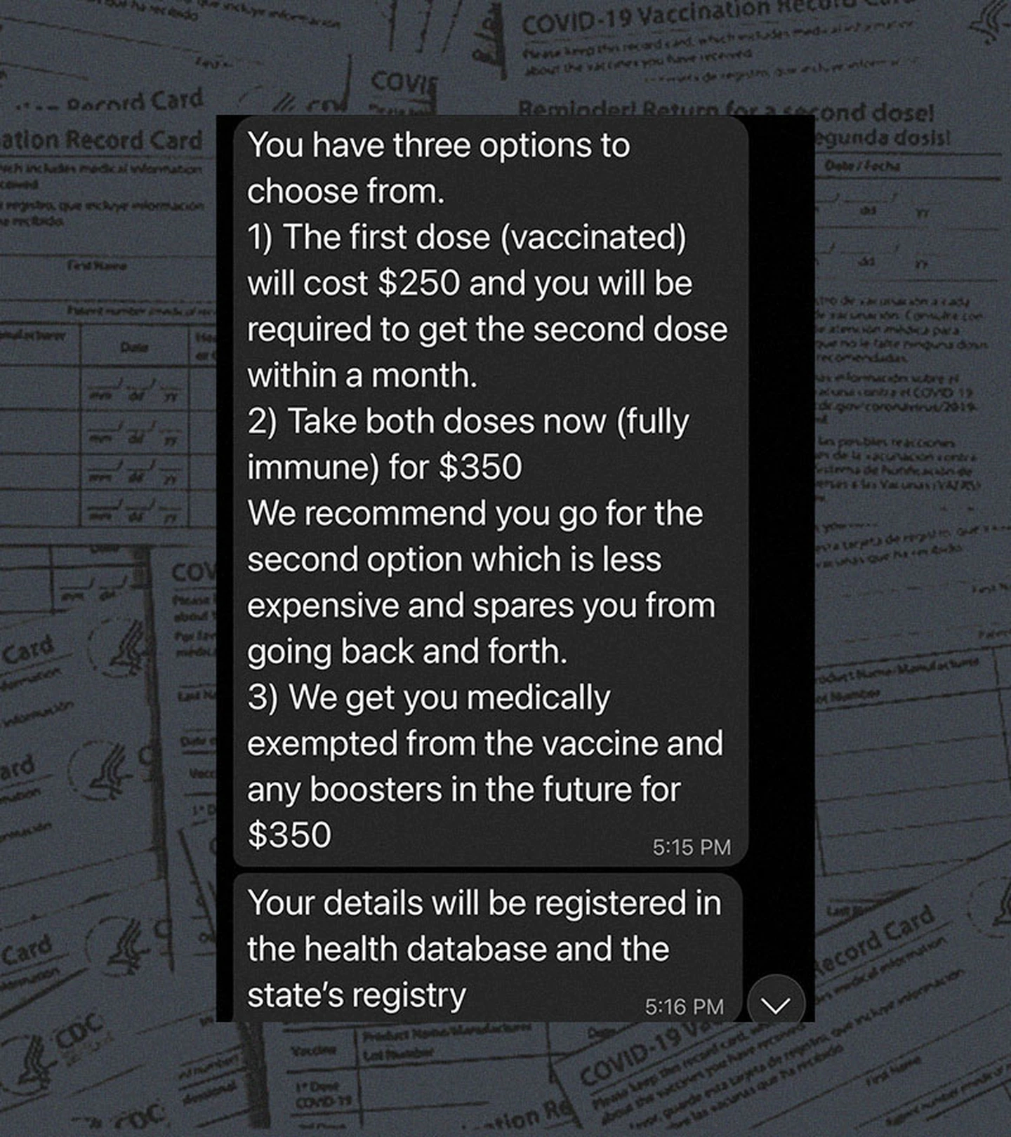 A Telegram user offers options for a fake vaccine card, with prices ranging from $250 to $350. They also claim to be able to register the information in a state registry. (Source: Telegram)