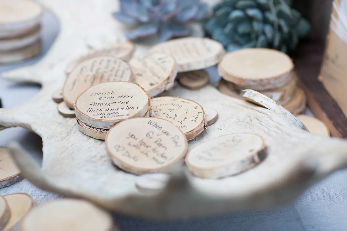 well-wishes-for-the-bride-and-groom-on-small-tree-branch-stumps-saucers-coasters-rustic