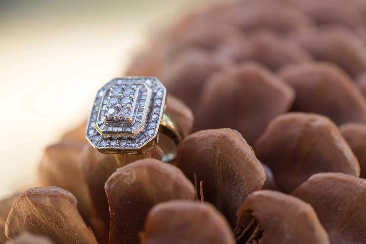 vintage-cluster-engagement-ring-round-baguette-diamonds-princess-cut-on-pinecone