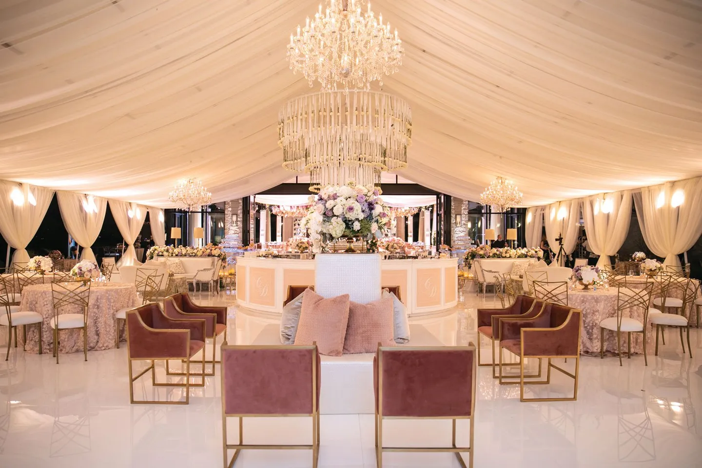 real wedding omni barton creek austin texas tent wedding reception purple velvet gold chair decor chandeliers