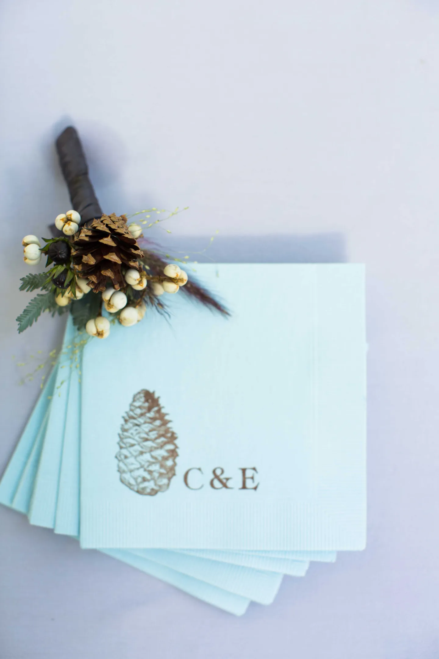 custom-blue-napkins-couples-initials-pinecone-in-gold-tan-champagne
