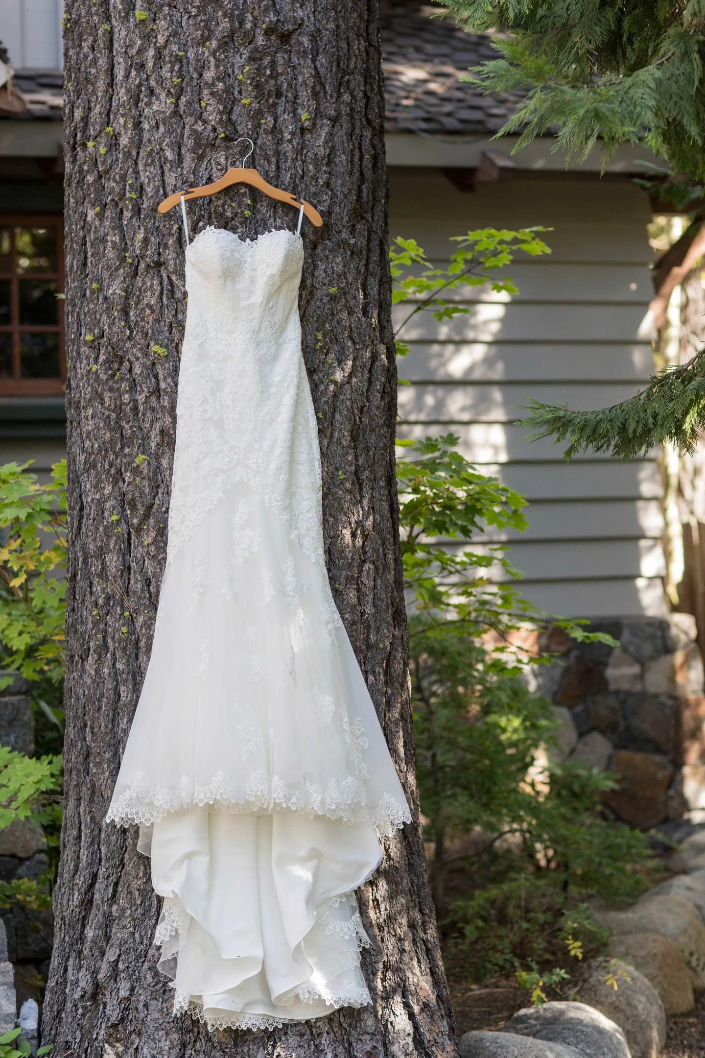 mermaid-gown-on-woodland-tree-hung-up-lace-details-sweetheart-neckline