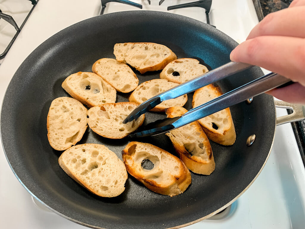 bruschetta recipe italian food sourdough baguette slices cooking frying skillet pan toast toasted crostinis