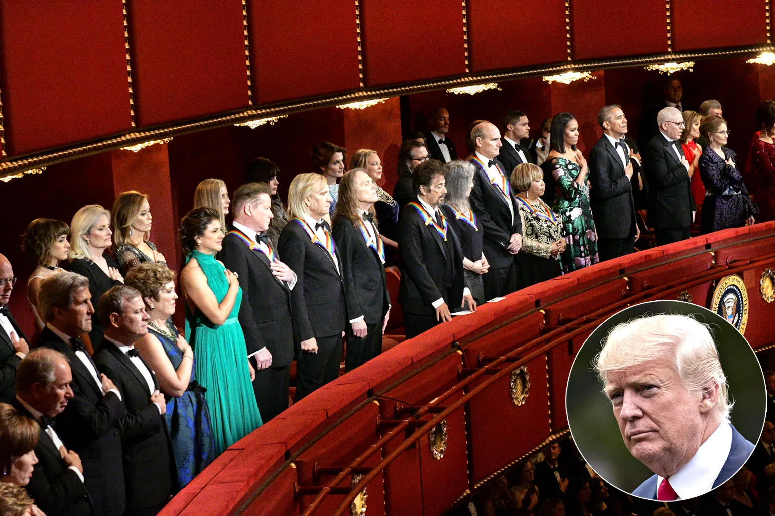 Left, Several attendees including Former First Lady Michelle Obama and President Barack Obama, honorees the Eagles, Mavis Staples, James Taylor, Al Pacino and Argentine pianist Martha Argerich seen at the 39th Kennedy Center Honors; Right, Donald Trump on the South Lawn on August 14th.
