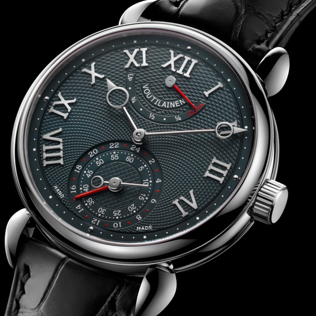 The Voutilainen GMR: A masterclass in haute horlogerie, featuring a hand-guilloché dial, 24-hour second time zone, and retrograde power reserve indicator, all encased in a 39mm precious metal case. Source: Voutilainen.ch