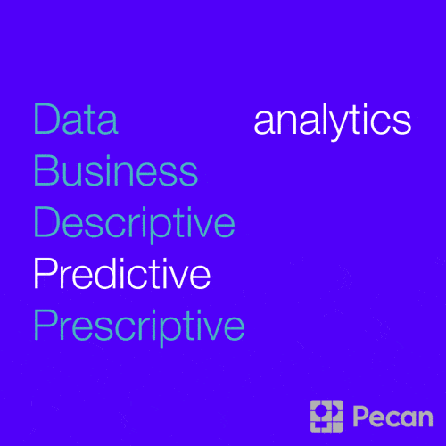 animated graphic showing data analytics, business analytics, descriptive analytics, predictive analytics, and prescriptive analytics in rotating text with Pecan logo