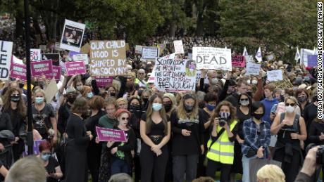 Demonstrators in Melbourne march in the wake of sexual assault allegation in Parliament, in March 2021.
