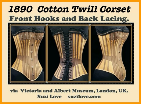 1890 Cotton Twill Corset, England or Germany. Front hooks and back lacing. Cotton twill, machine-made cotton lace, lined with cotton twill, boned and metal. via suzilove.com Victoria and Albert Museum, London, UK. collections.vam.ac.uk.