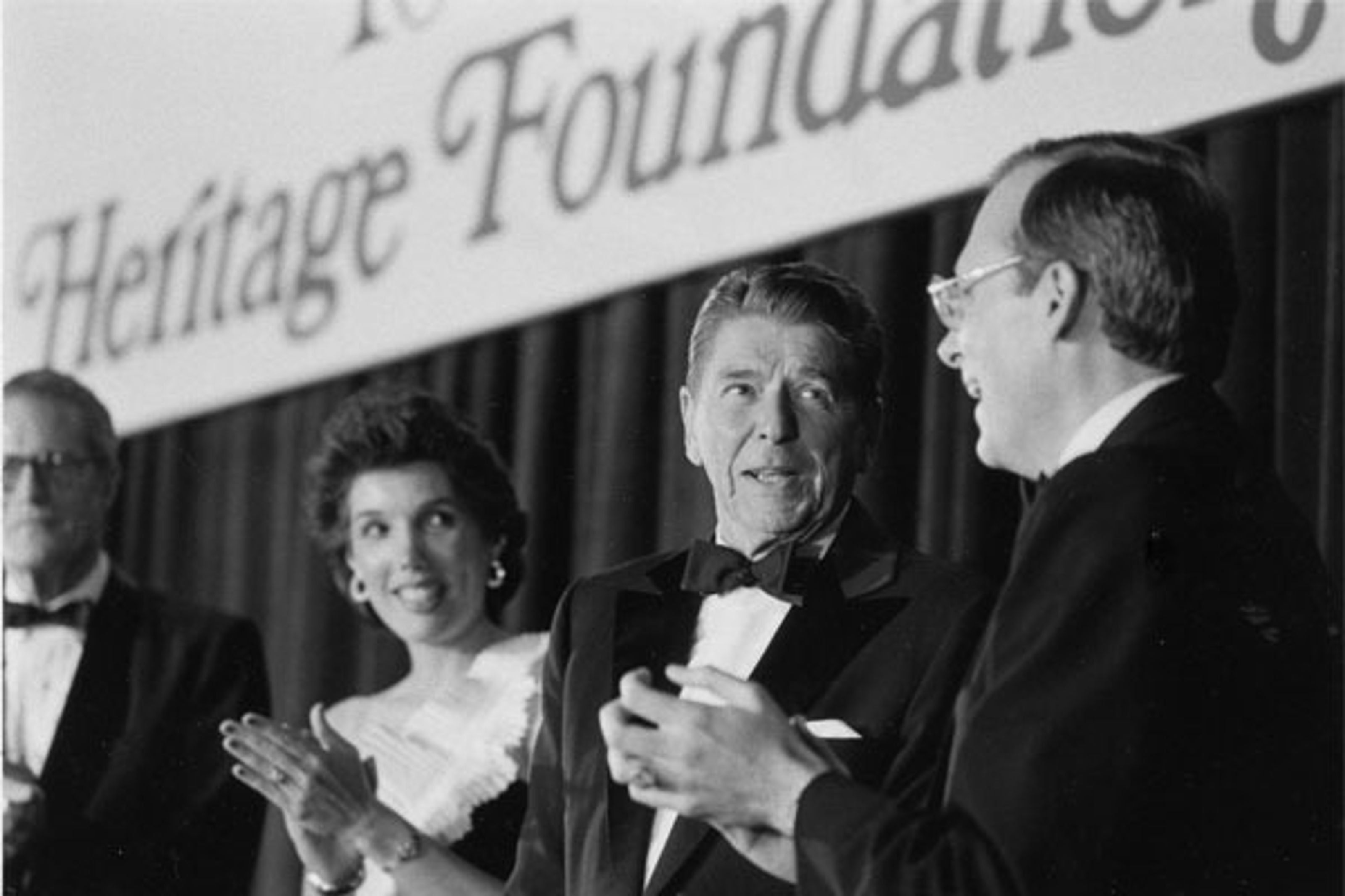 U.S. President Reagan and Heritage founder Ed Feulner (right) at the Heritage Foundation's 10th anniversary gala in 1983