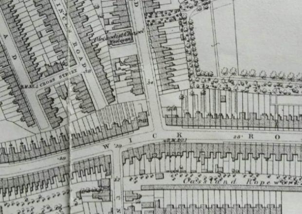 Hackney Gazette: A map from 1870 shows the pub at the corner of Wick Road and Church Road, now Barnabas Road. (Picture: Sean Gubbins)