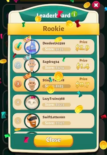 A screenshot of a leaderboard in the Solitaire Cash game. The first-place winner has 9,139 points. The author is in third place with 8,185 points.